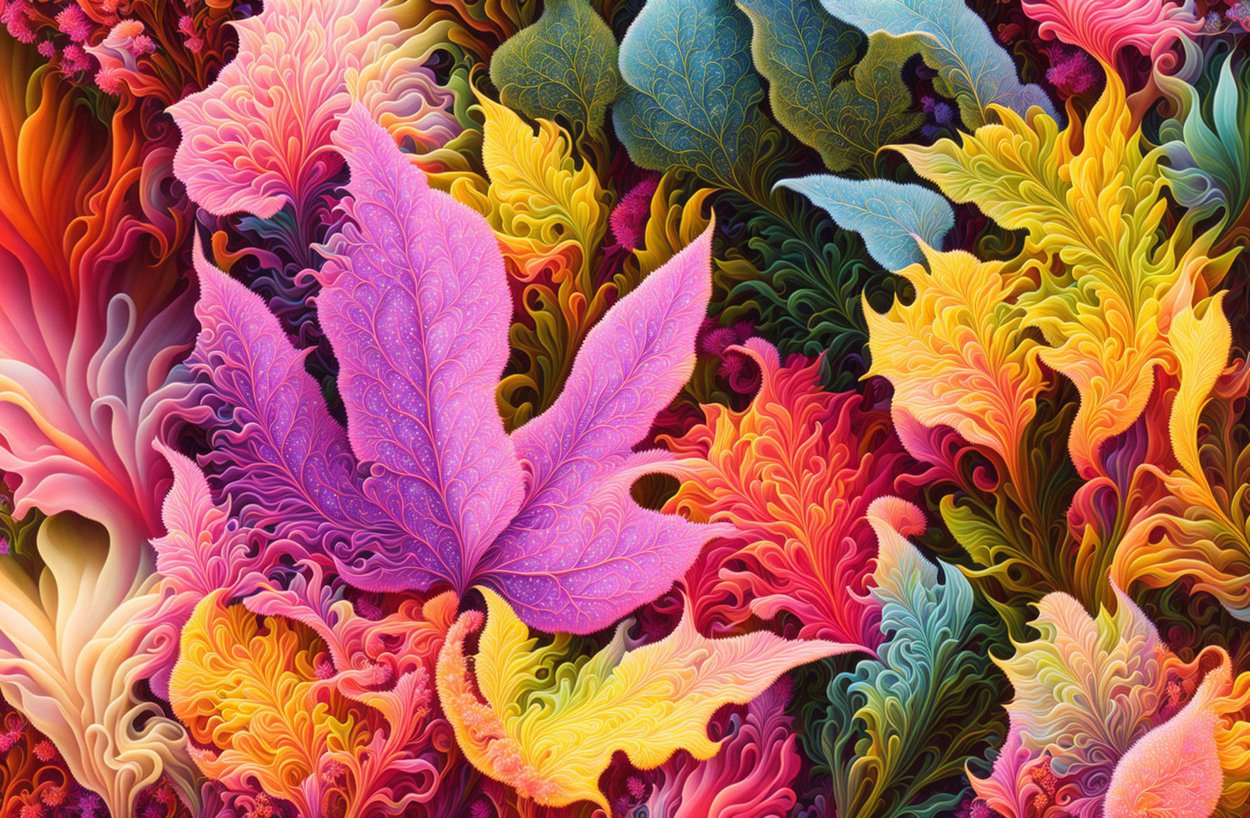 Colorful digital art featuring intricate leaf patterns in a psychedelic style