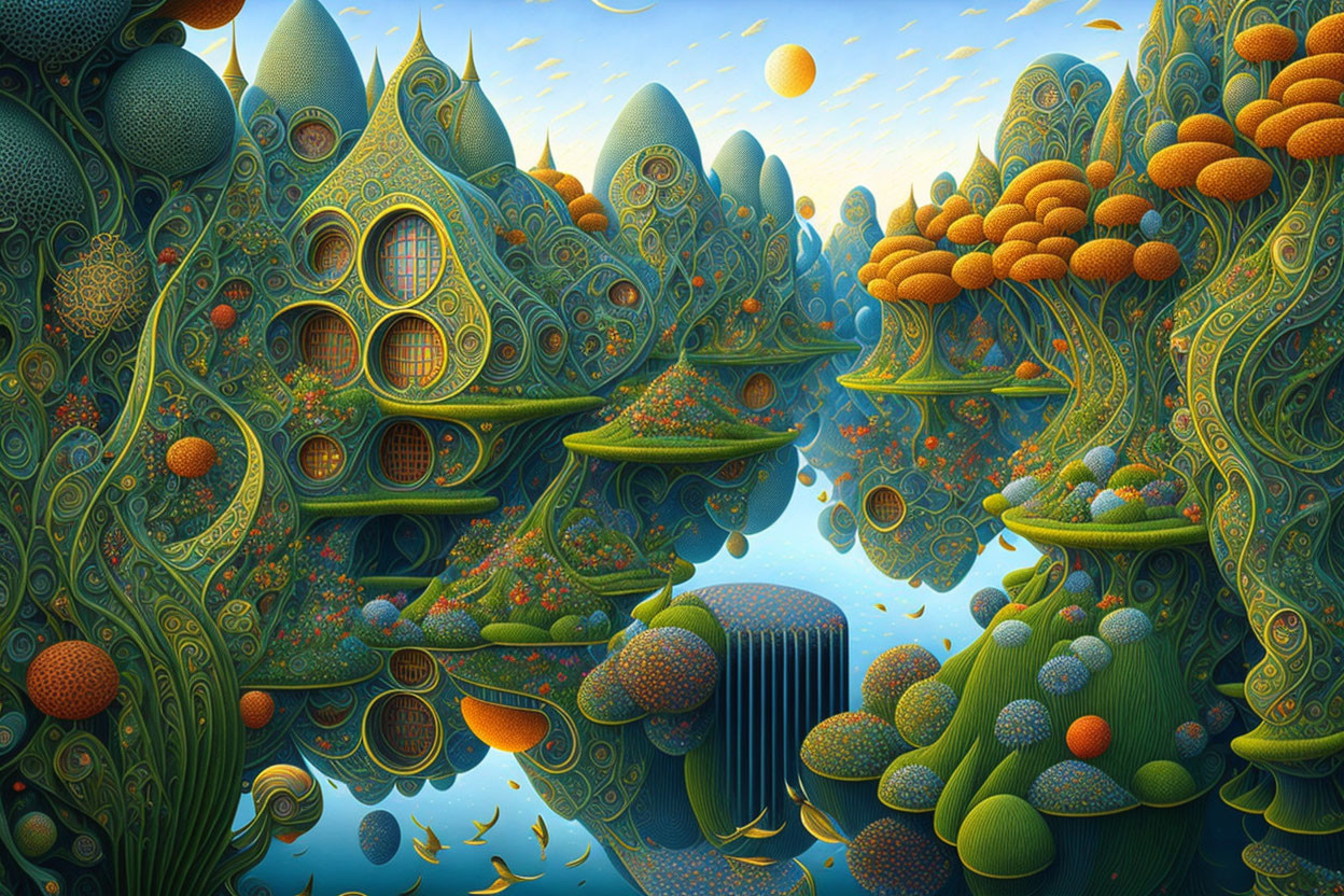 Ornate tree-like structures in surreal landscape with circular windows