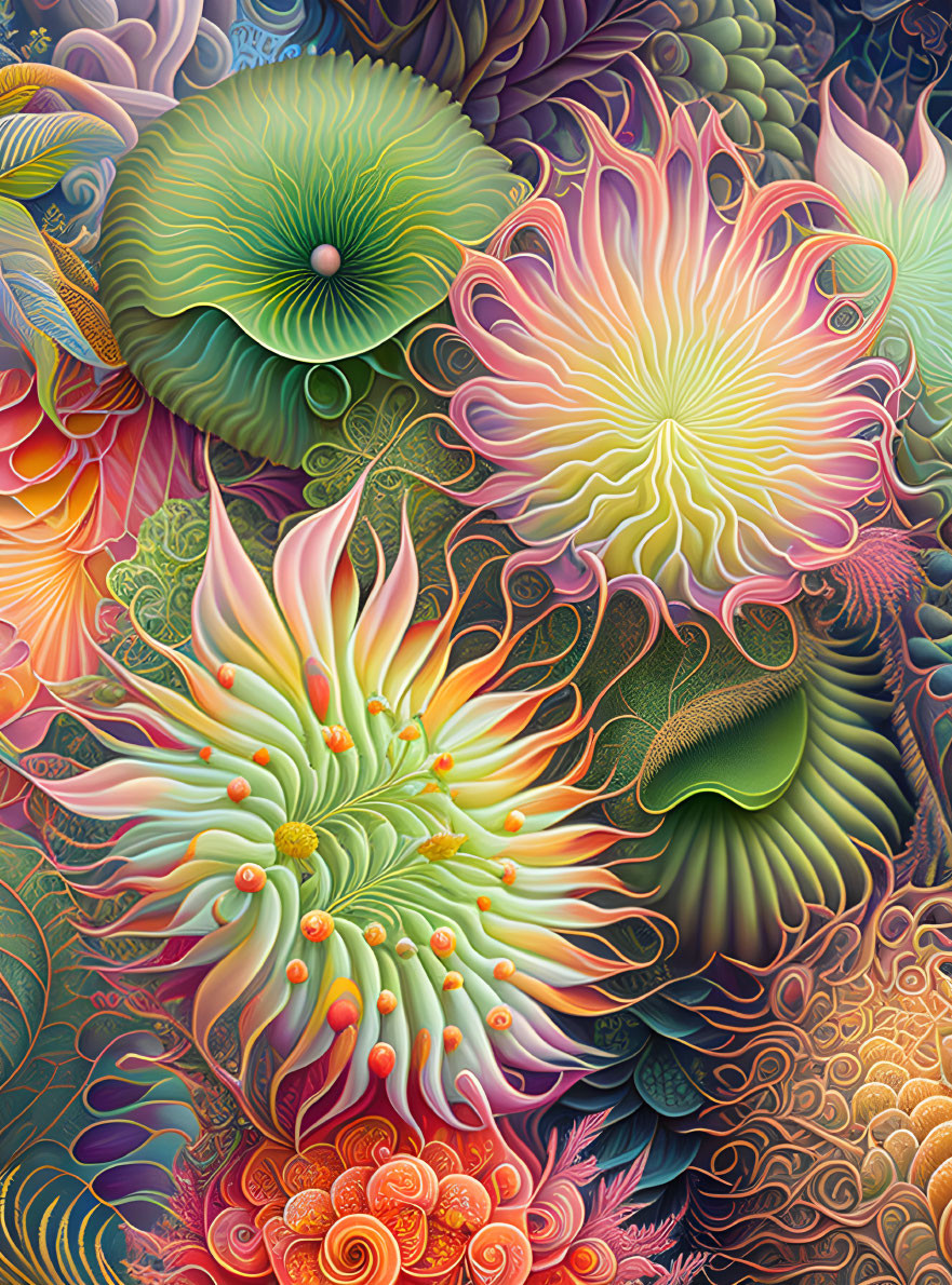 Colorful surreal floral illustration with intricate organic and fantasy elements