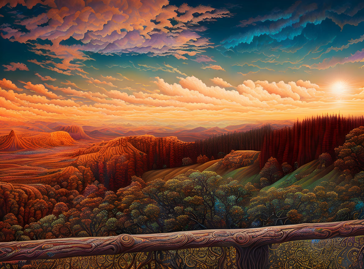 Vibrant landscape with rolling hills, dense forests, dramatic sunset, and cloudy sky