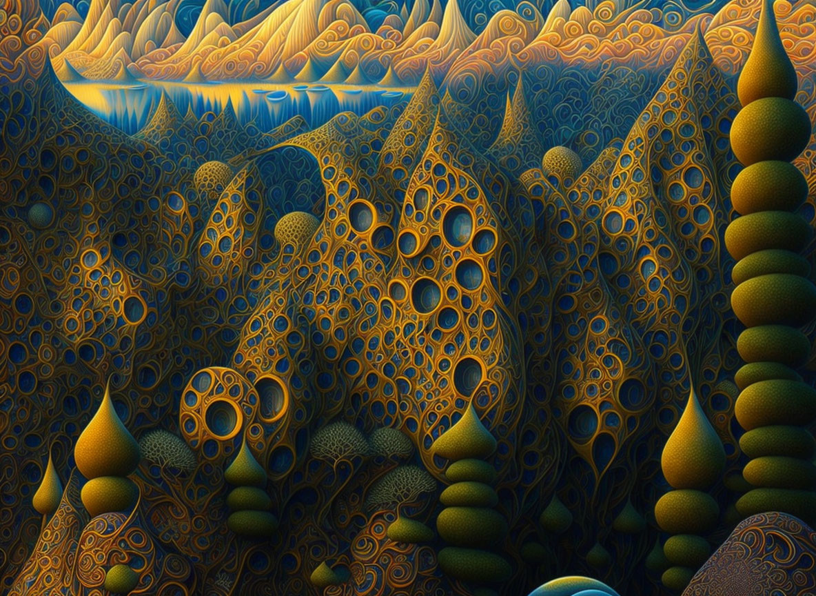 Colorful Fractal Landscape with Blue and Orange Organic Shapes