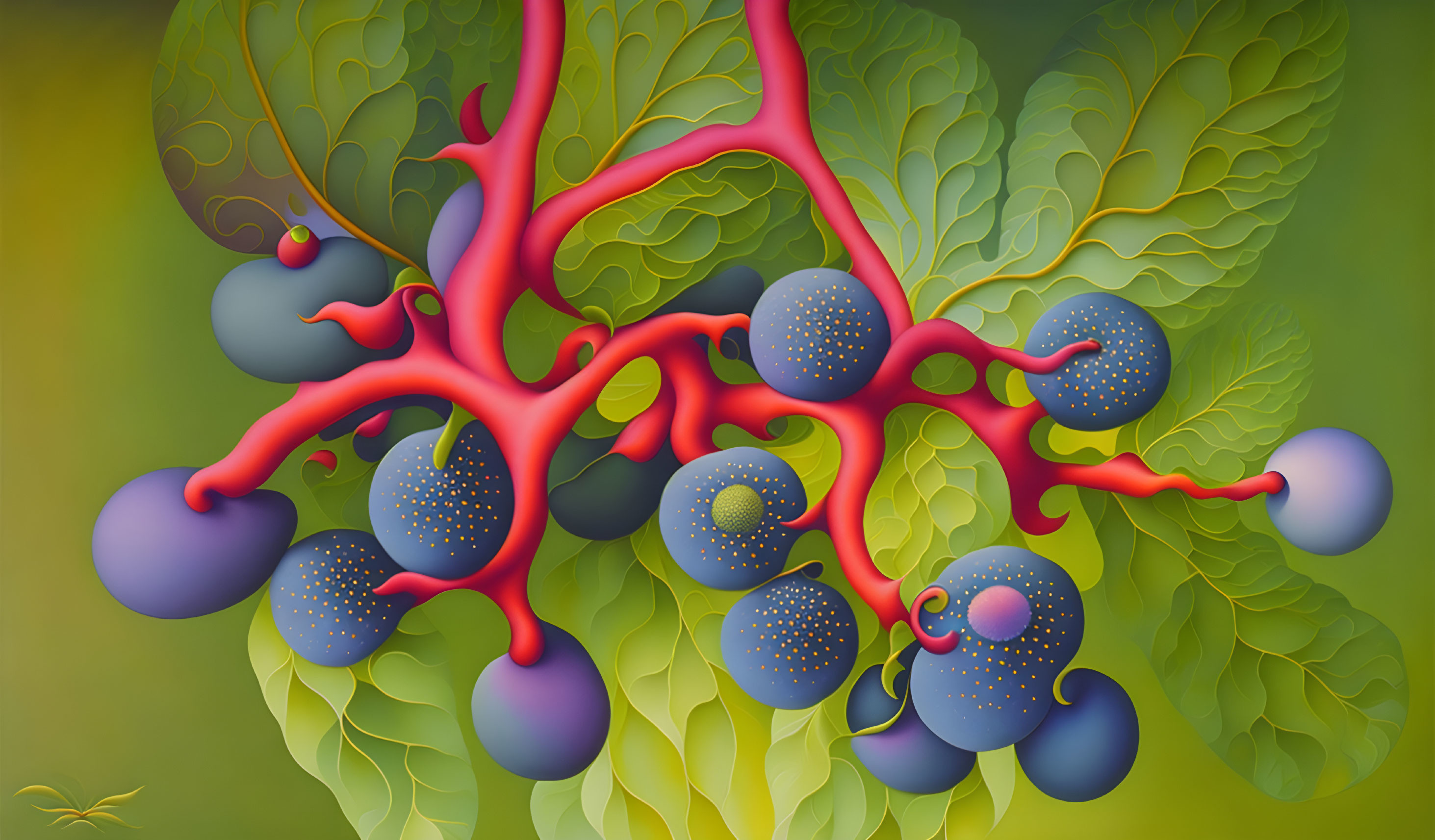 Colorful painting of red branching structures, blue spheres, and green leaves in a surreal setting.