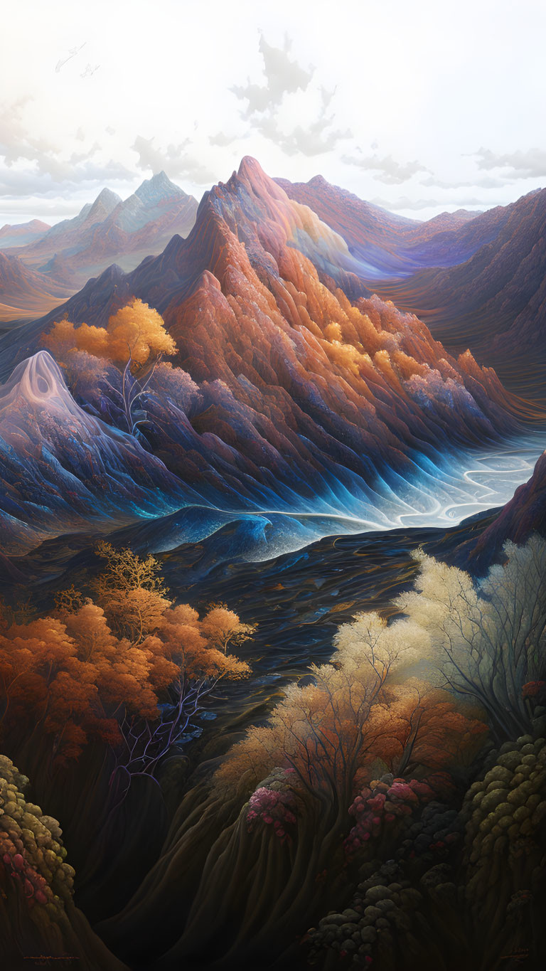 Scenic landscape painting of autumn valley with river and mountains