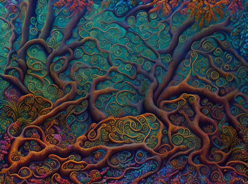 Colorful Psychedelic Tree-Like Artwork on Dark Background