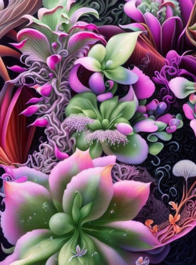 Colorful Digital Artwork: Stylized Fantasy Flowers and Plants in Purple, Pink, and Green