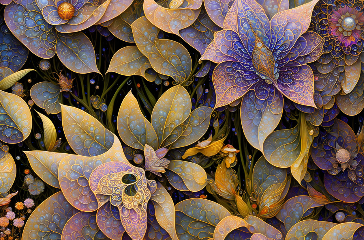 Intricate Digital Art: Ornate Gold and Blue Flower Patterns