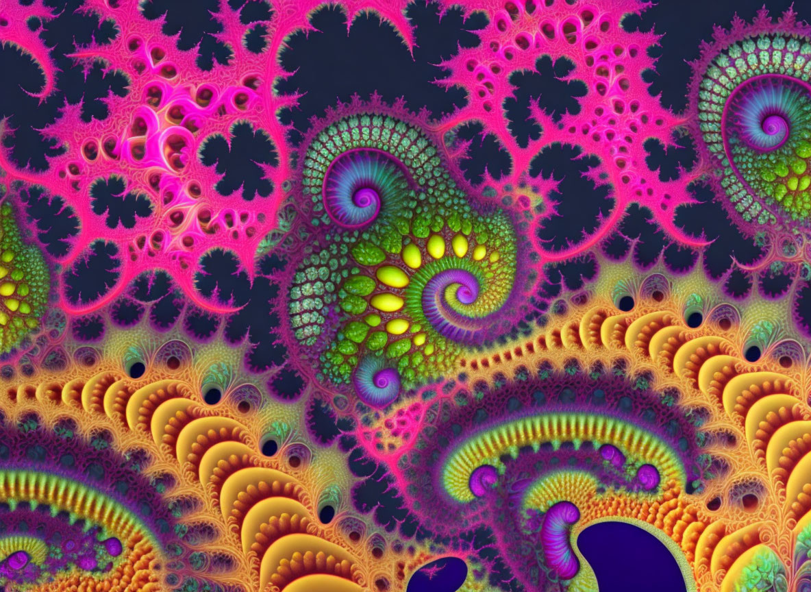 Colorful Swirling Fractal Pattern in Pink, Green, and Orange