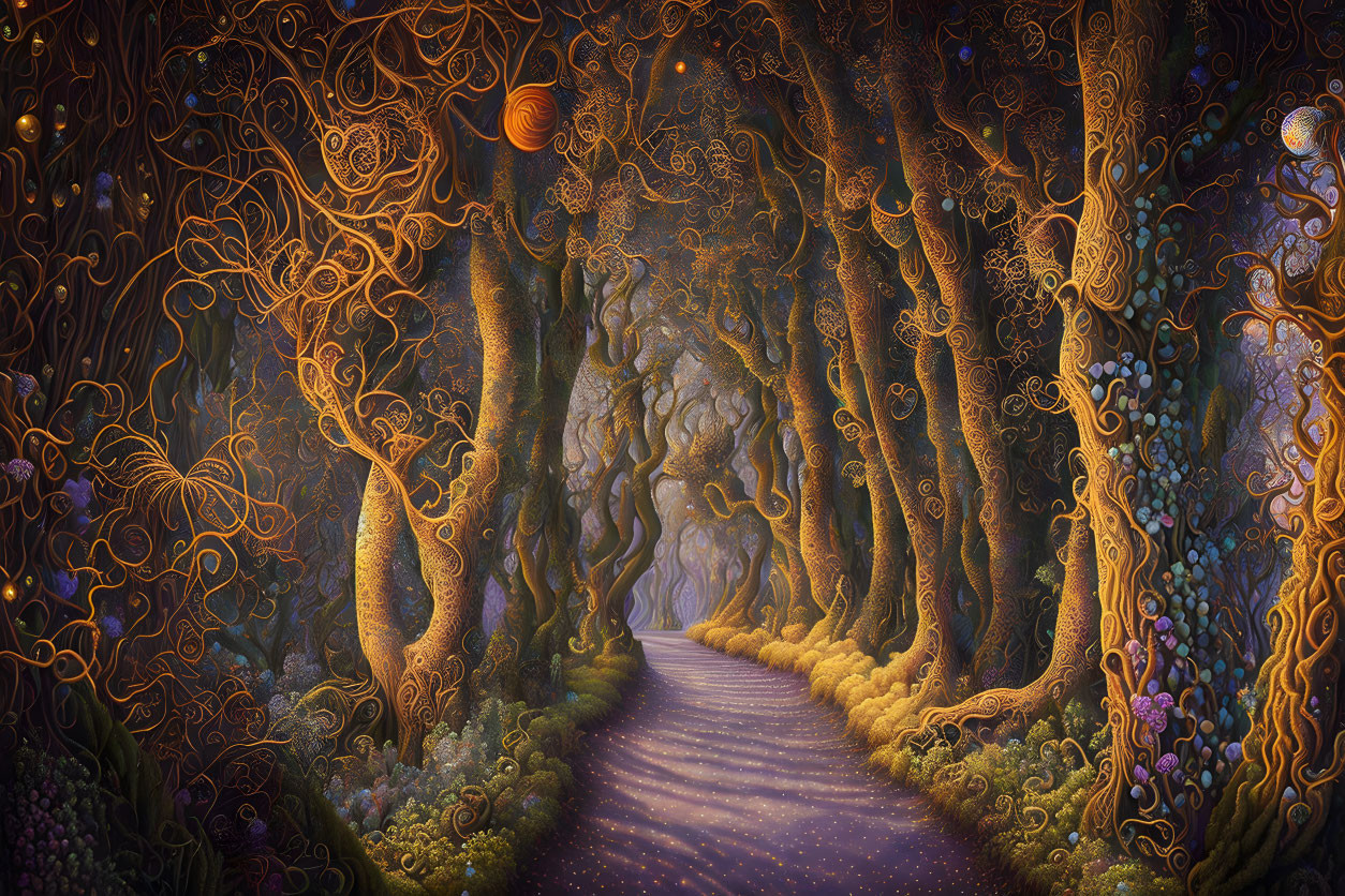 Intricately patterned forest path with vibrant colors and celestial elements