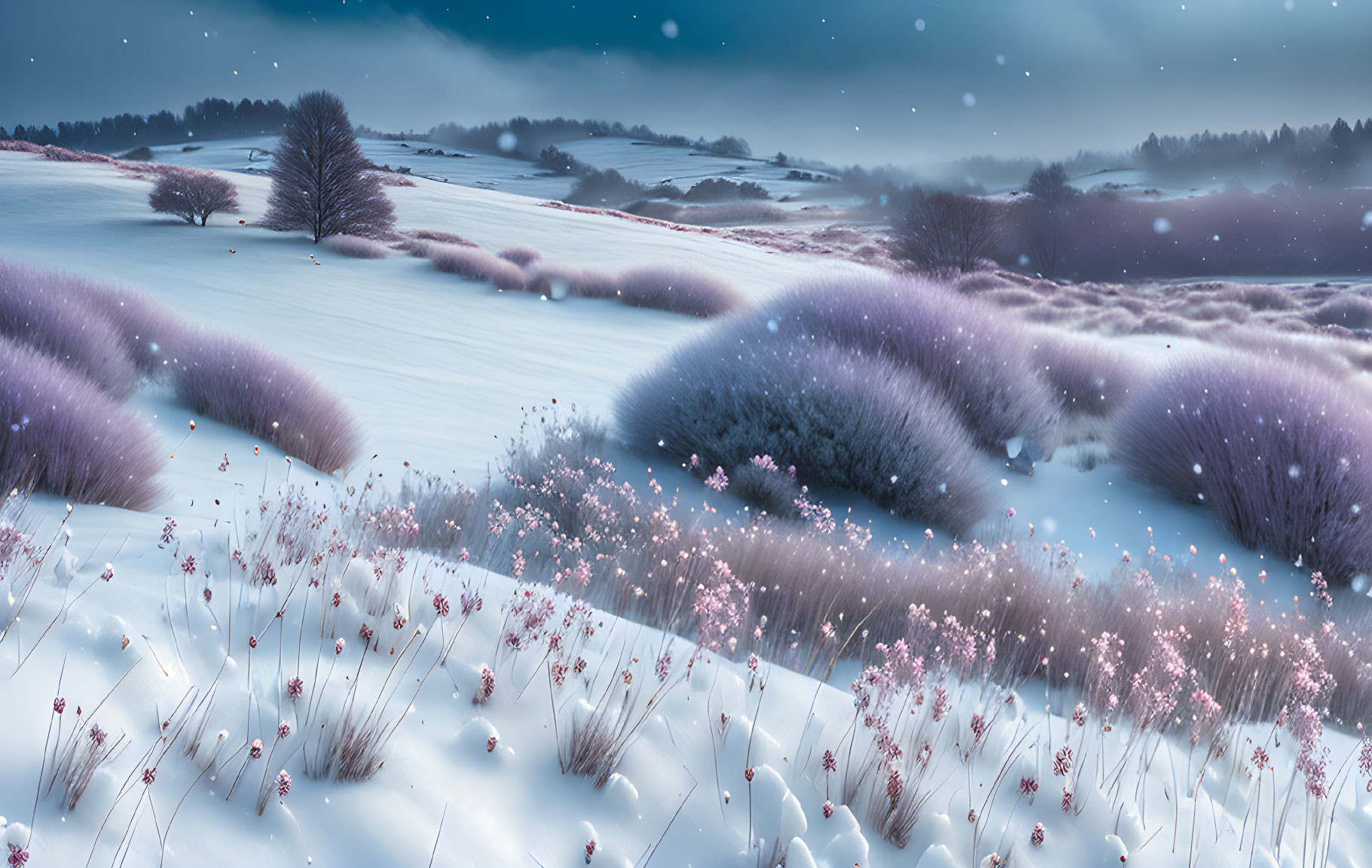 Twilight snow-covered landscape with purple plants and falling snowflakes