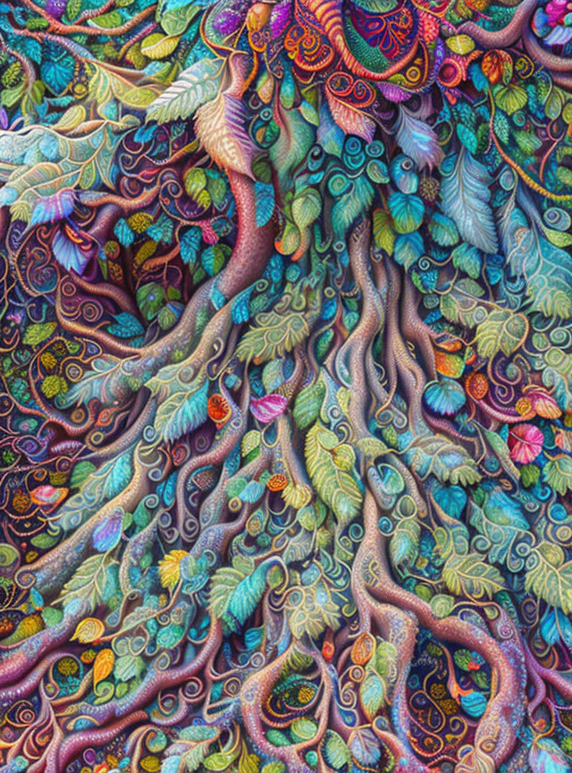 Colorful Psychedelic Tree with Rainbow Bark and Twisting Branches