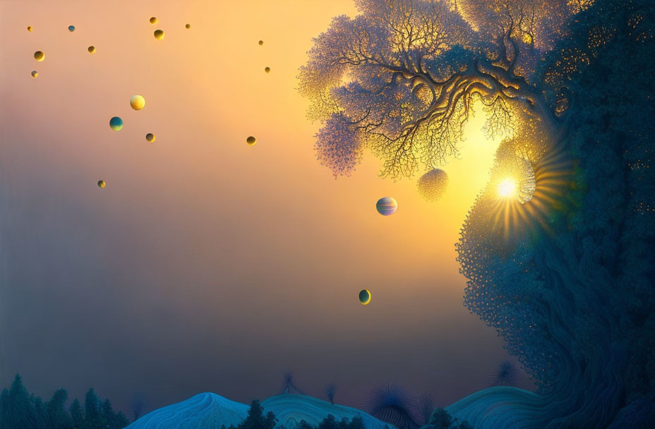 Surreal landscape with whimsical tree and colorful orbs