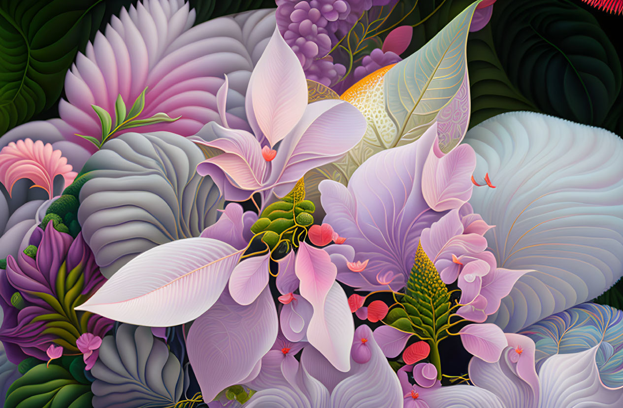 Colorful Floral Illustration with Purple, Pink, and Green Hues