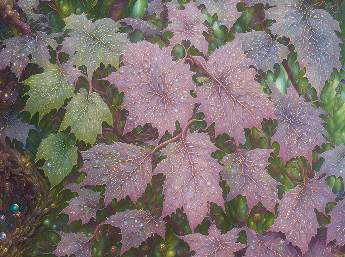 Detailed illustration of green and purple dew-speckled leaves in a magical forest