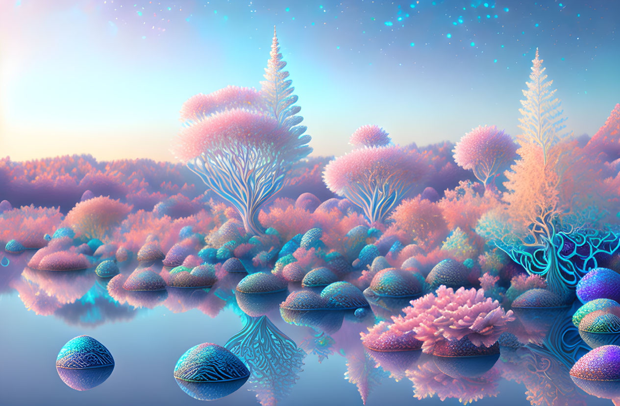 Luminous colorful trees and bushes in surreal starlit landscape