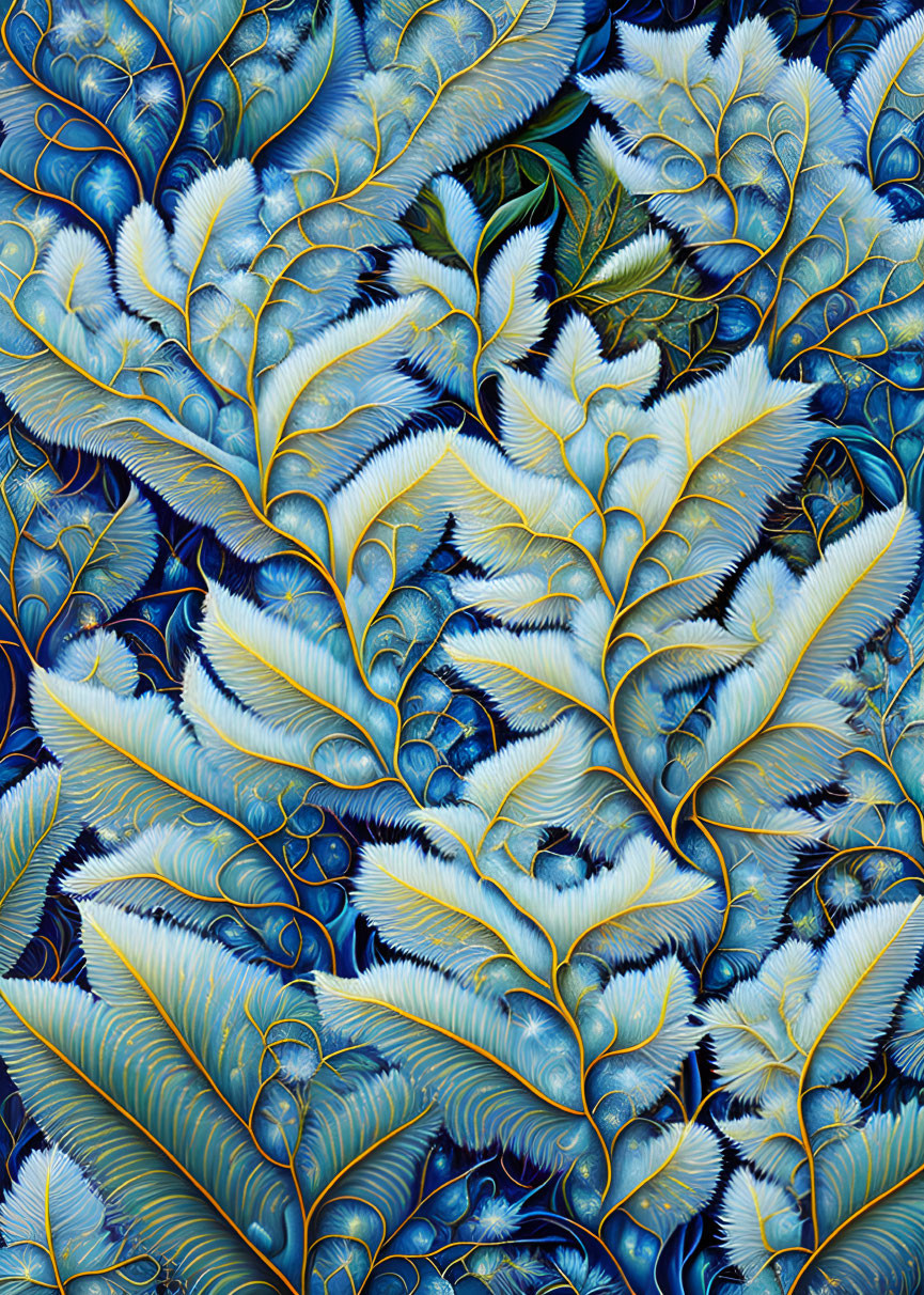 Abstract Digital Artwork: Blue Feather Patterns in Green Hues