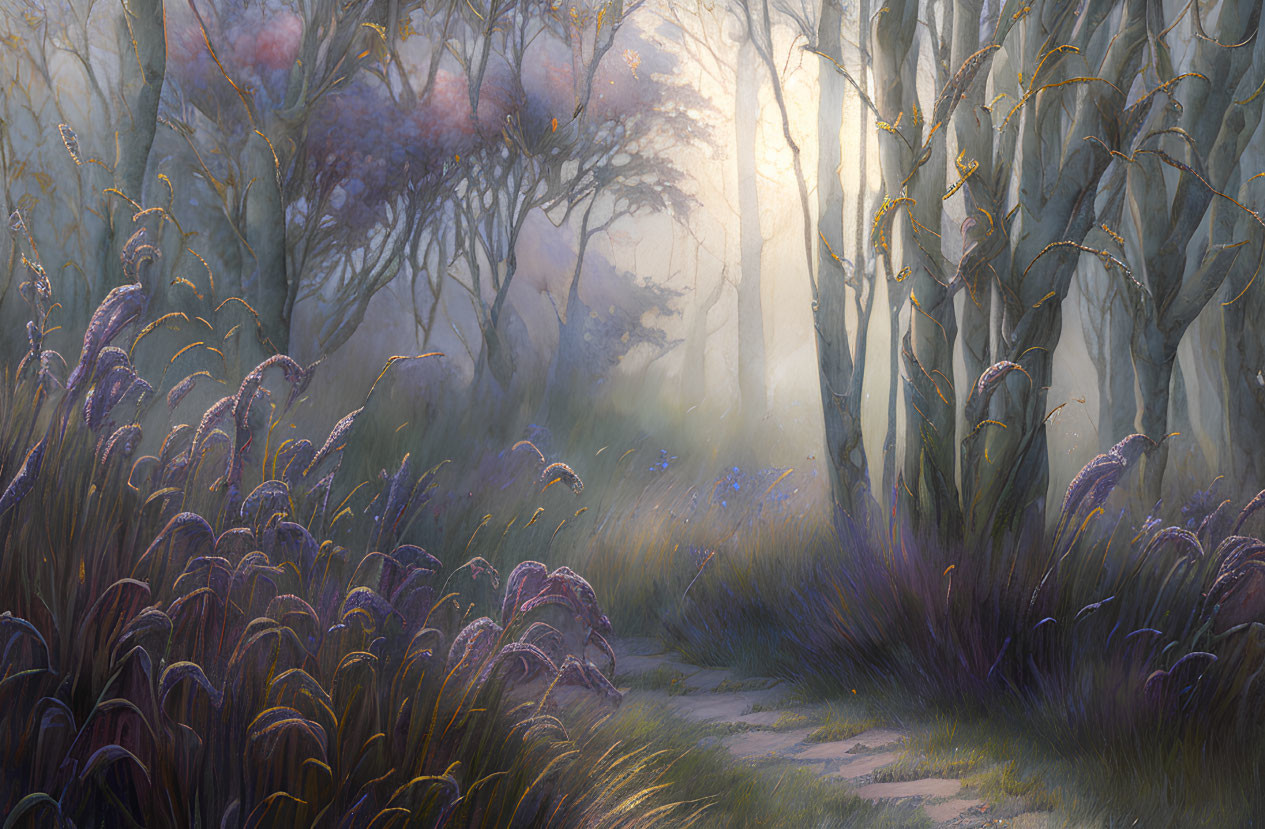 Serene forest path with sunlight, mist, wildflowers, and trees