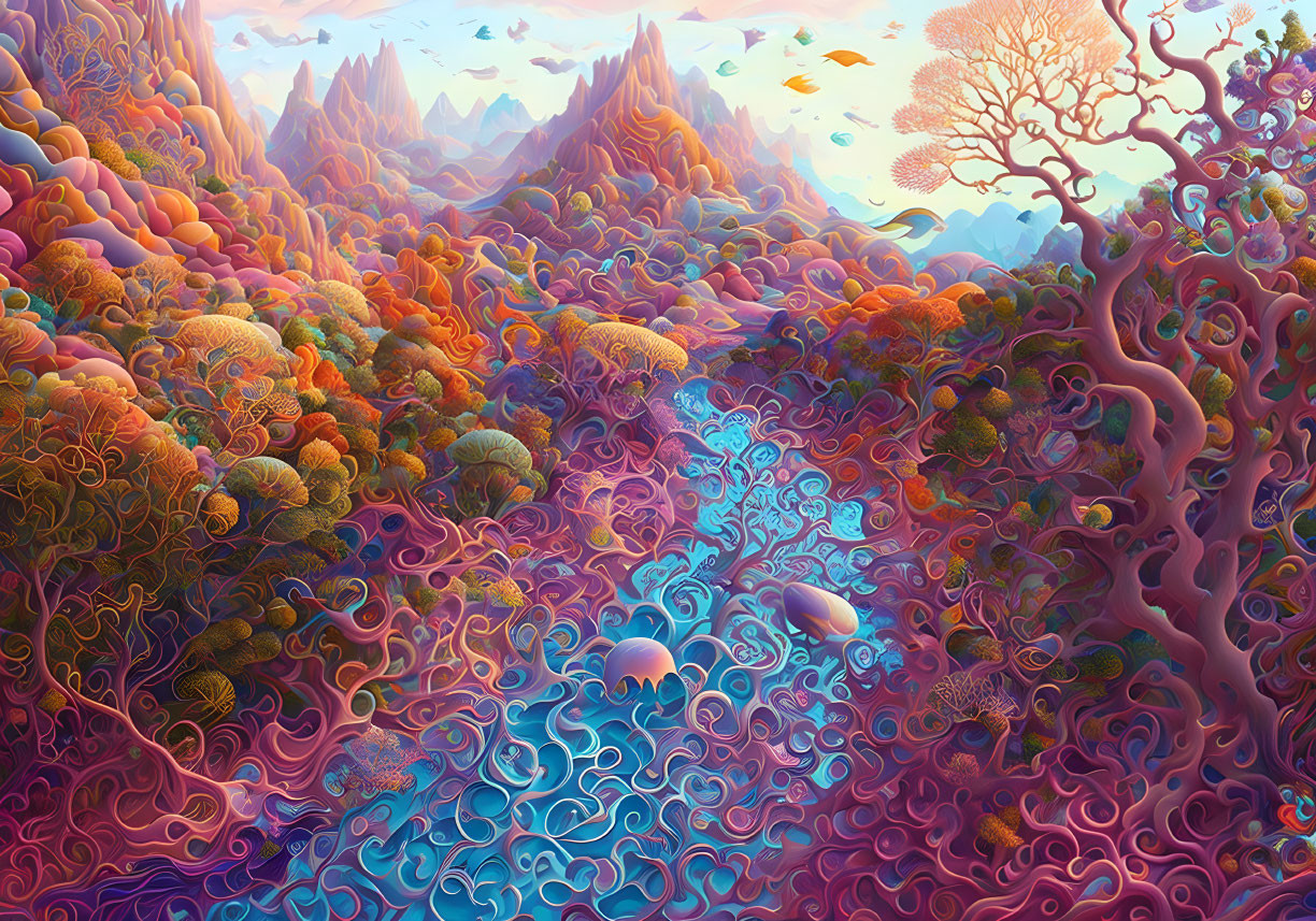 Surreal landscape with swirling patterns and vivid colors