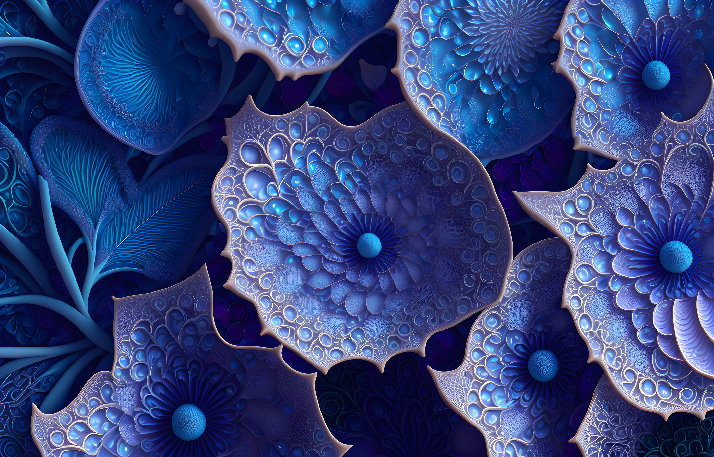 Colorful digital art: intricate floral and coral patterns in blue and purple