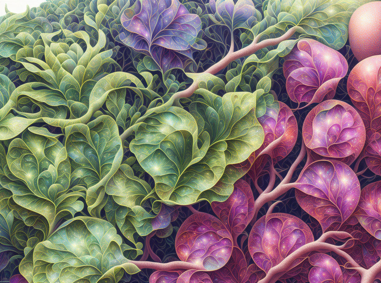 Detailed Green and Purple Leaf Cluster Artwork