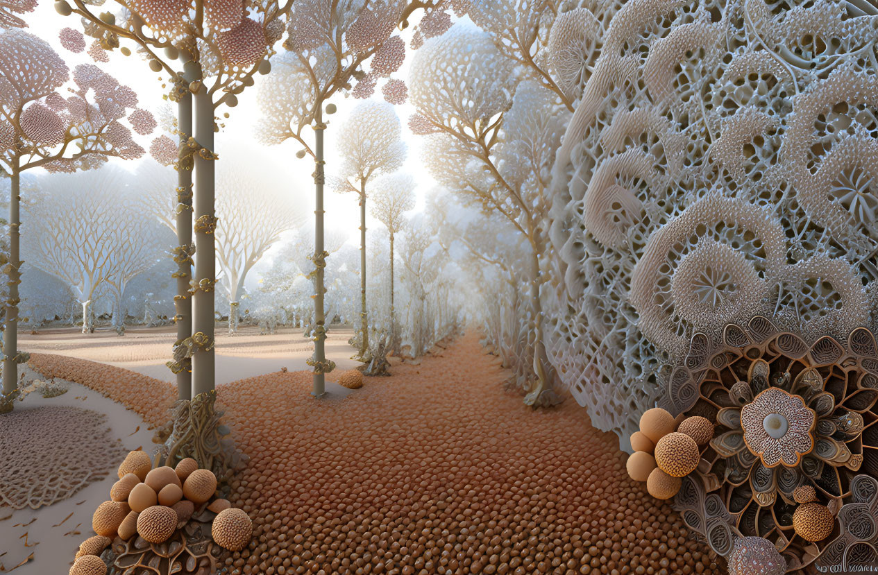 Intricate Fractal-Like Trees in Whimsical Forest Path