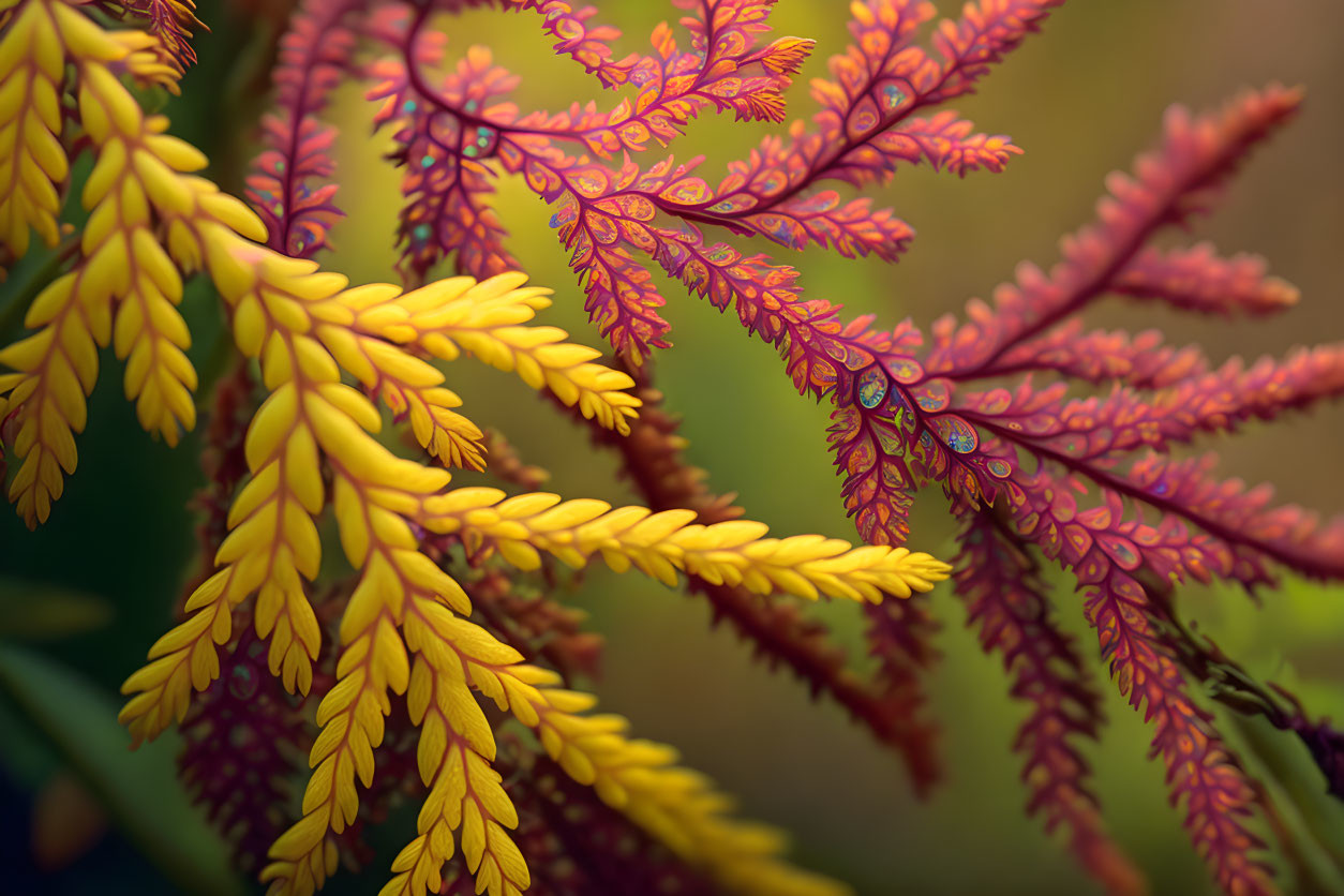 Colorful Fern-Like Plant Leaves in Yellow and Red Palette