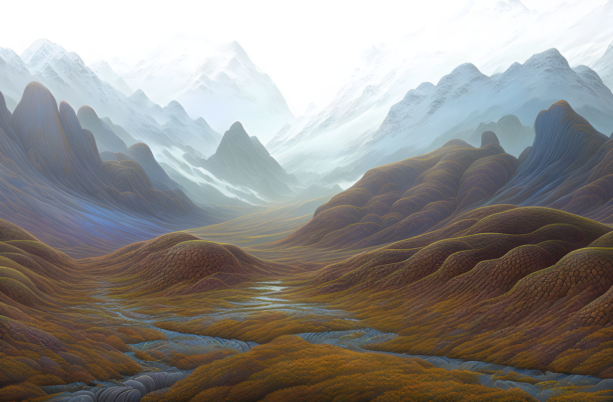 Tranquil digital landscape: rolling hills, river, misty mountains