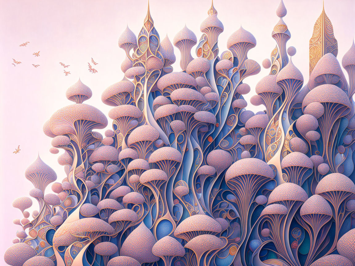 Stylized purple and blue mushroom structures with birds in dreamy sky