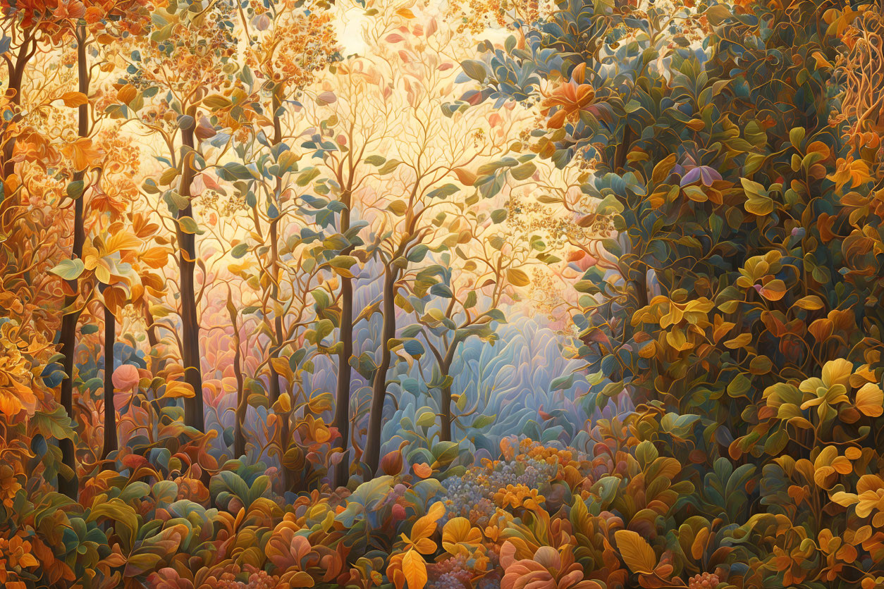 Colorful Autumn Forest with Golden, Orange, and Green Foliage