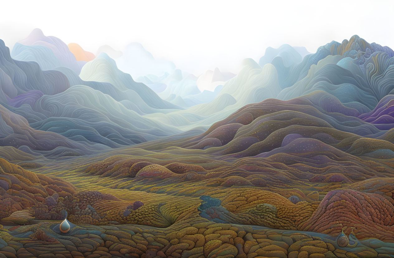 Surreal landscape with layered hills and peacocks