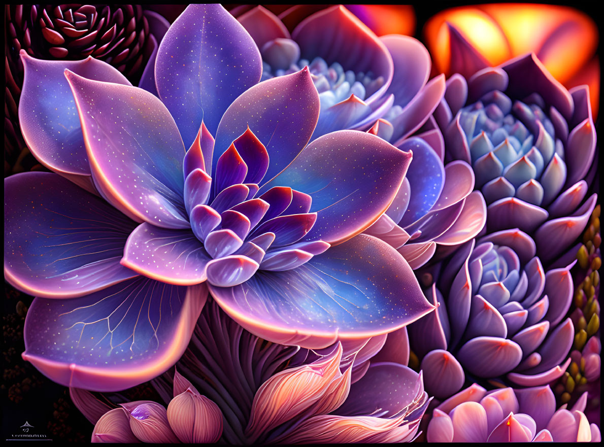 Surreal cosmic-inspired neon flowers on dark background