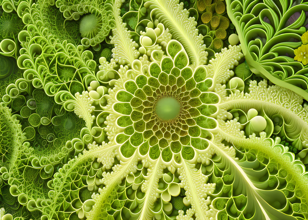 Intricate Green Fractal Pattern Resembling Leaves and Flowers