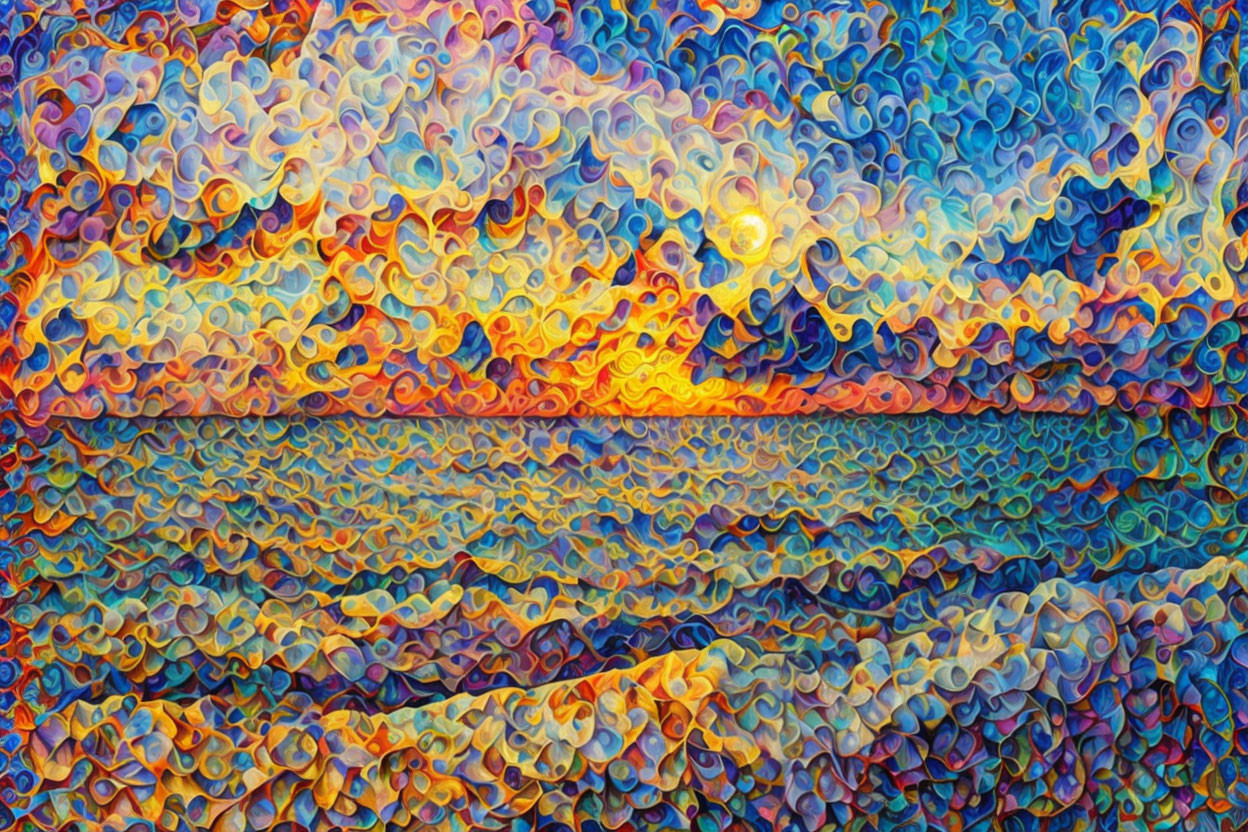 Impressionist-style painting: Sunset over ocean, vibrant colors