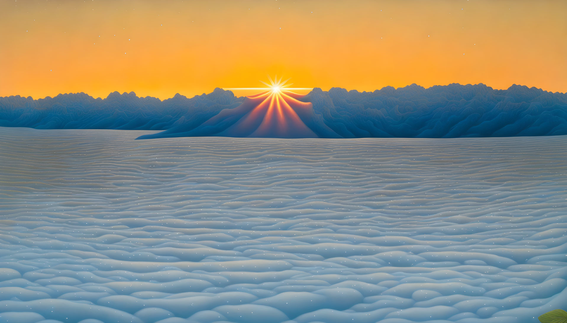 Sunrise over snowy landscape with textured clouds and warm orange hues.