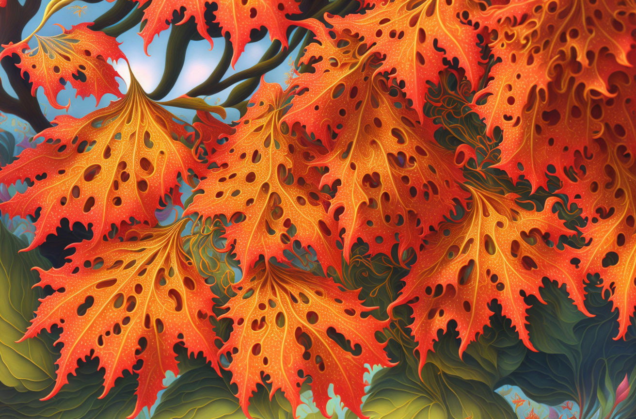 Intricate fiery orange leaves with patterns and holes on green backdrop