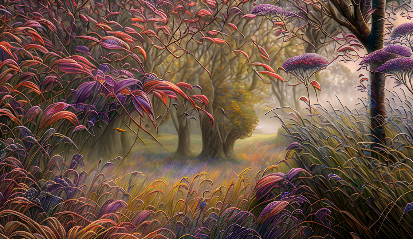 Vibrant colorful foliage in mystical forest with soft mist