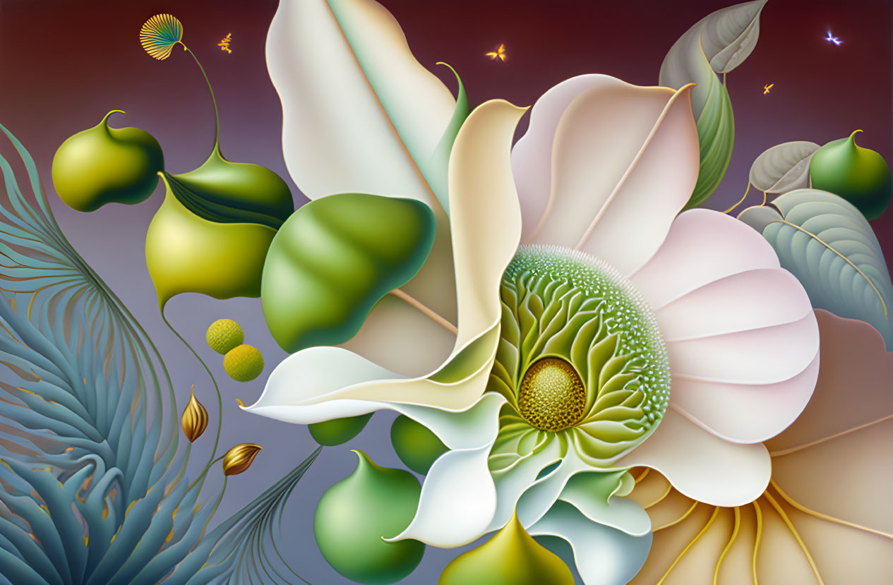 Colorful digital artwork of stylized white flower on gradient background