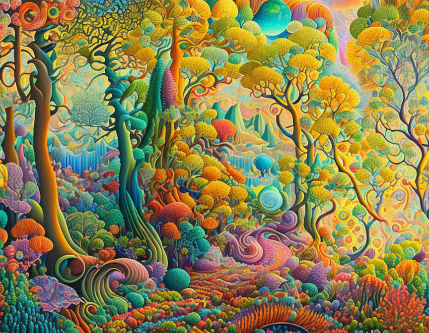 Colorful psychedelic landscape with whimsical trees and spiral patterns