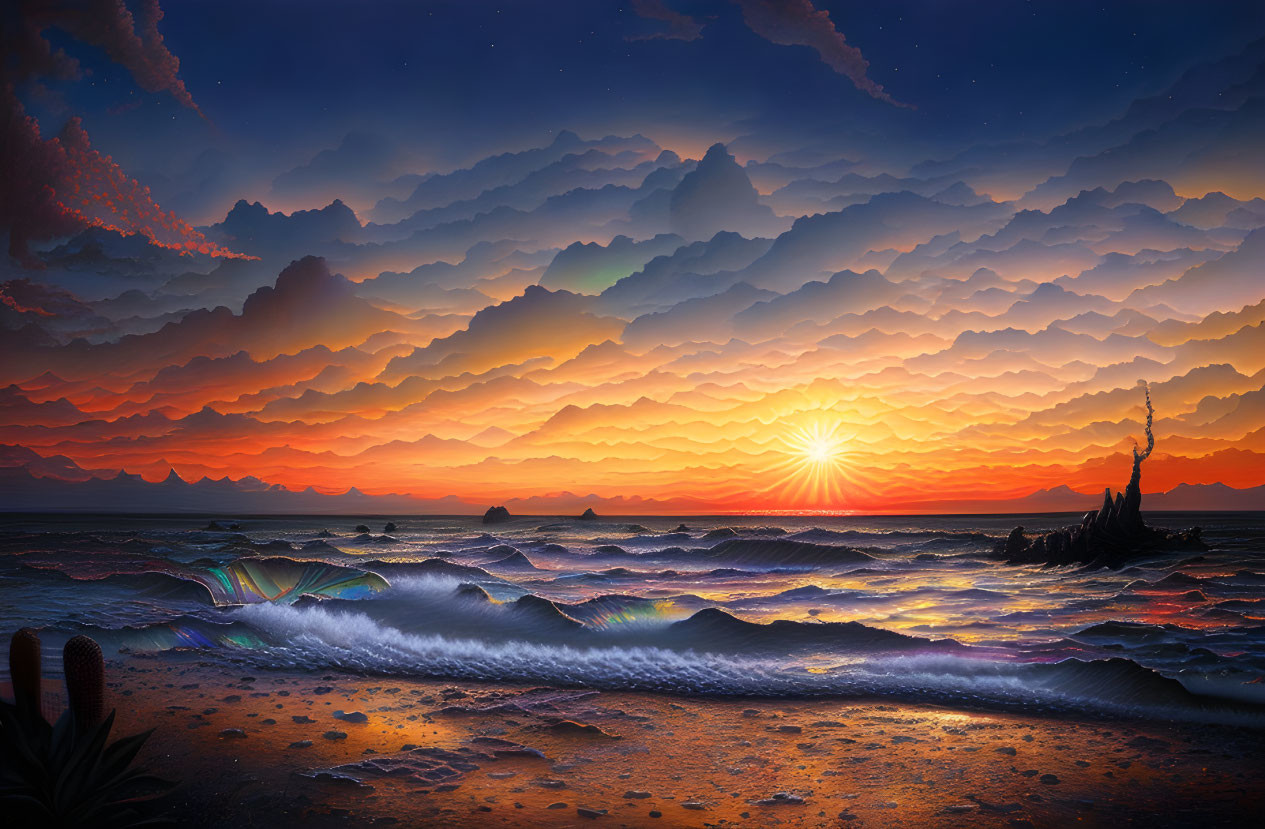 Serene sunset painting with ocean waves and cacti silhouettes