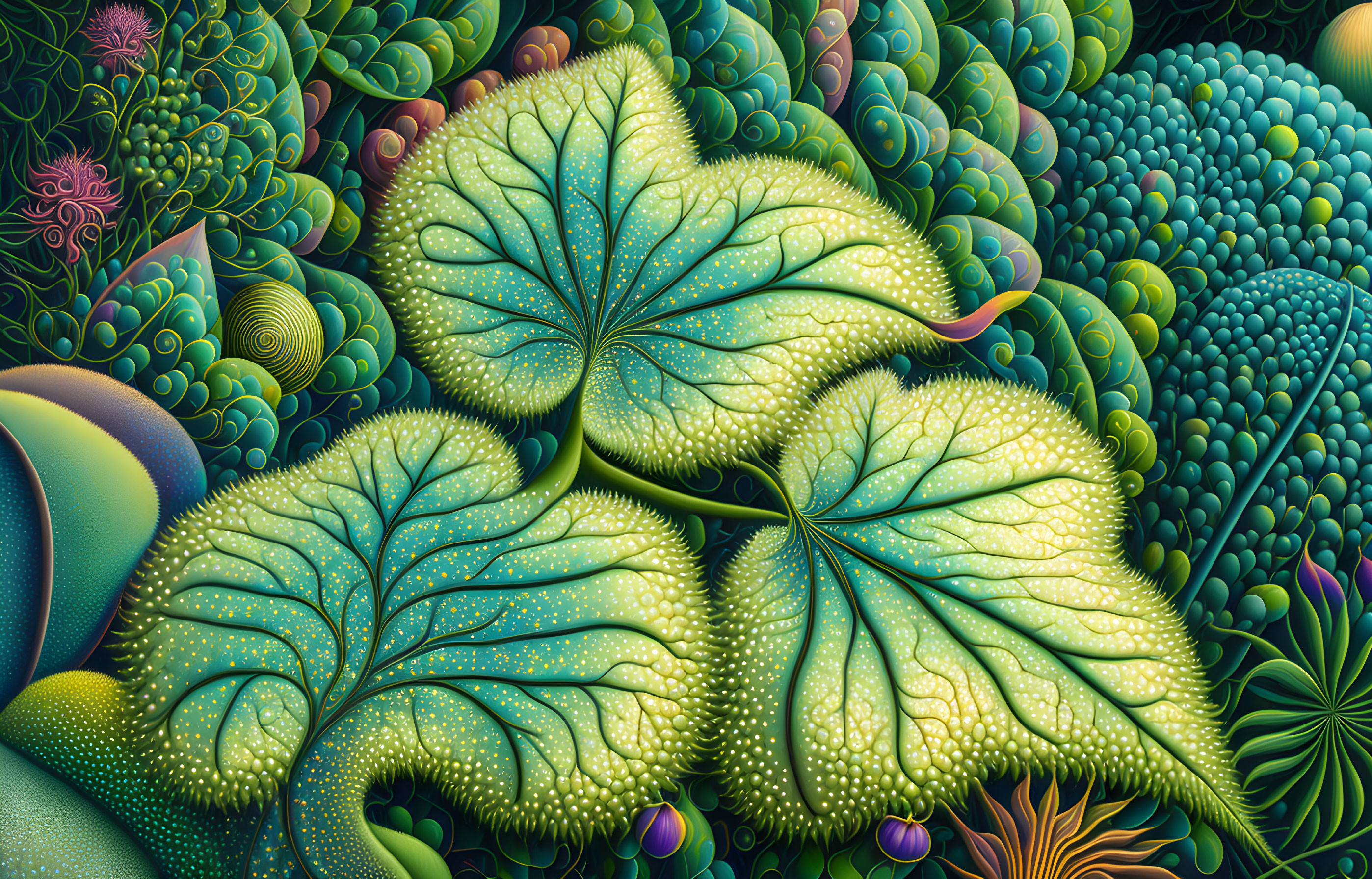 Detailed digital illustration of vibrant green foliage and colorful plant-like patterns