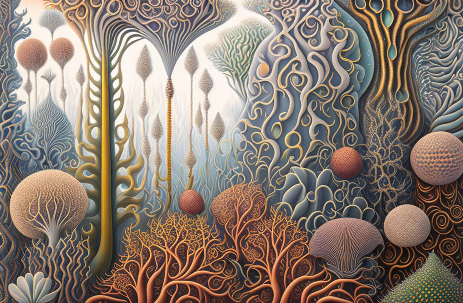 Intricate surreal artwork: stylized organic landscape with tree-like forms