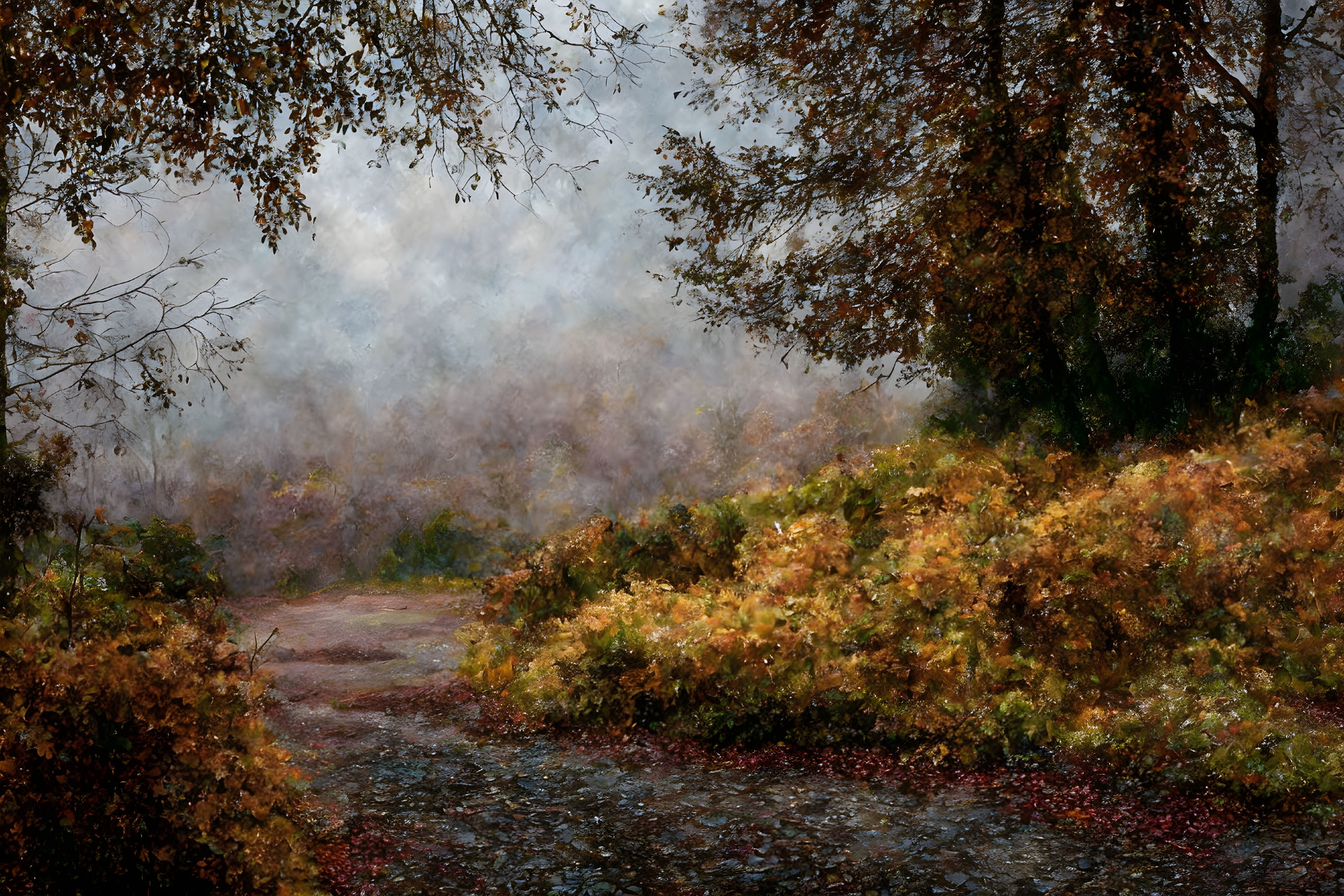 Tranquil Autumn Forest Pathway with Misty Atmosphere