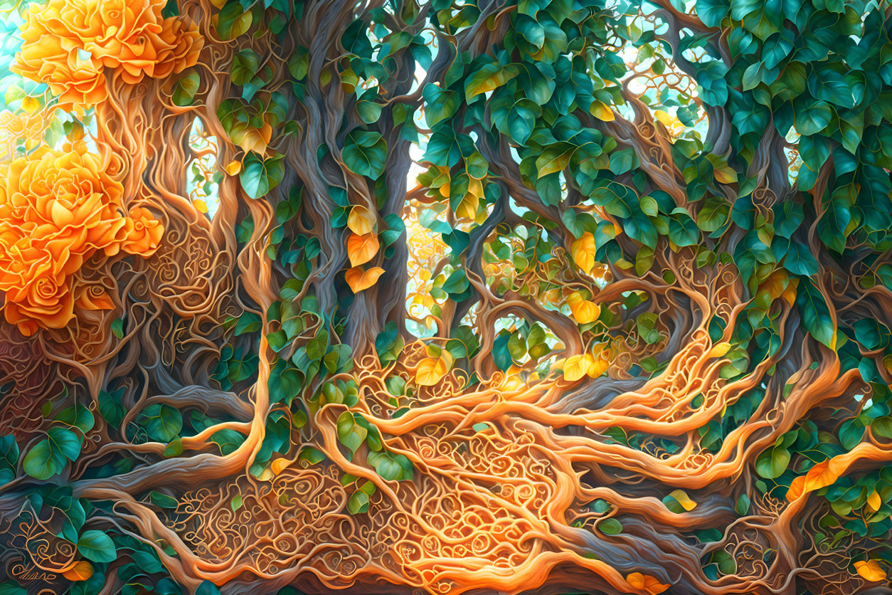 Surreal forest scene with golden-orange flora and intertwined trees