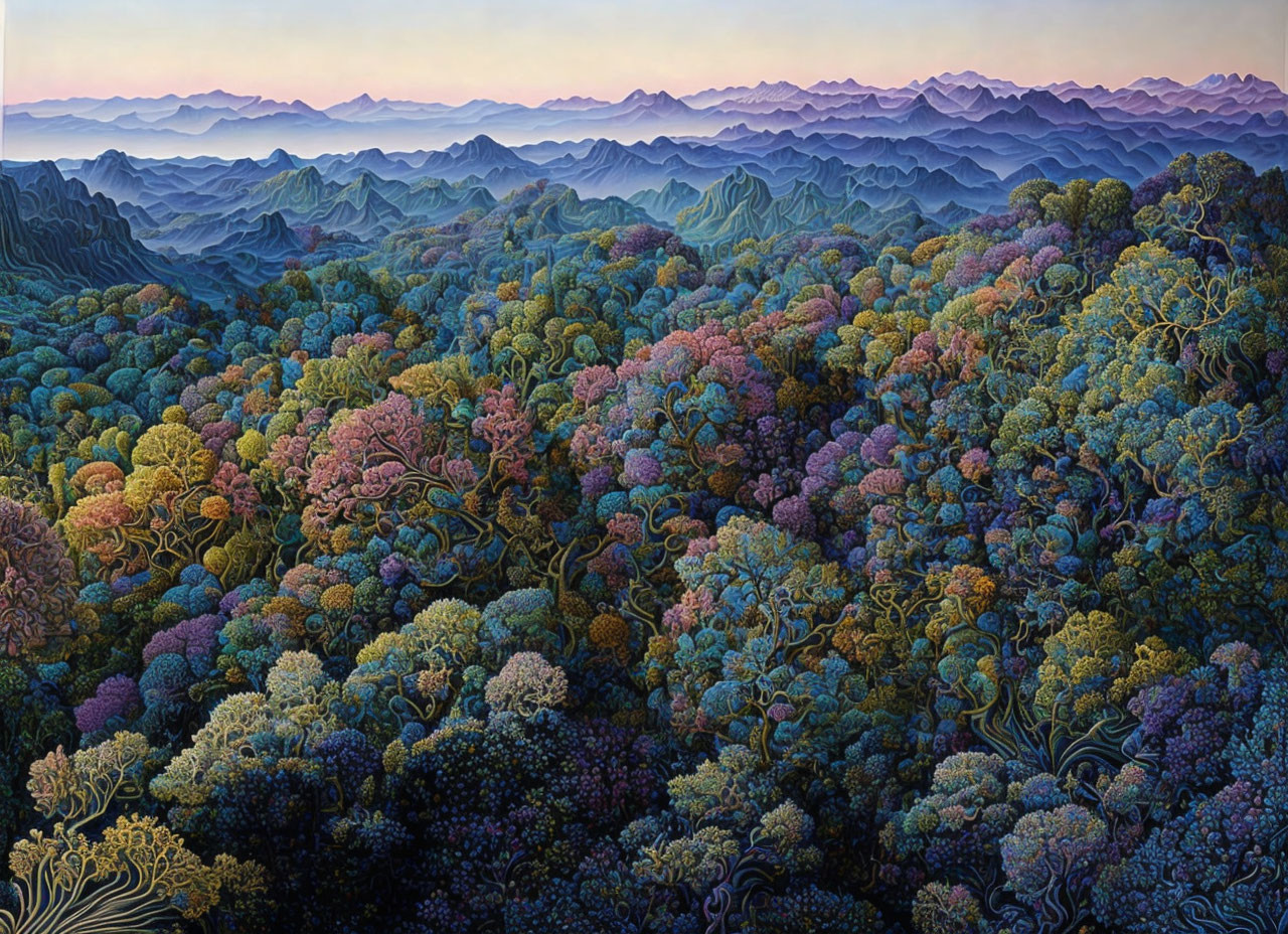 Colorful forest painting with misty mountains in pink, blue, and purple tones