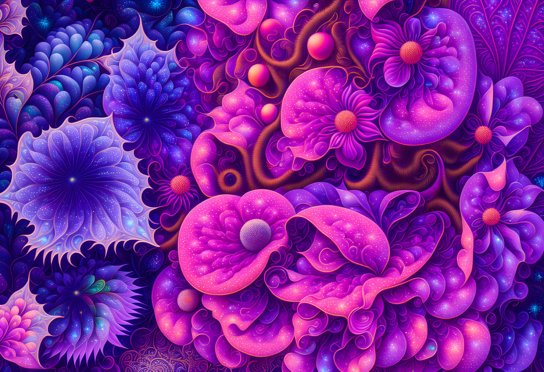 Colorful Psychedelic Flower and Foliage Illustration in Purple, Blue, and Pink