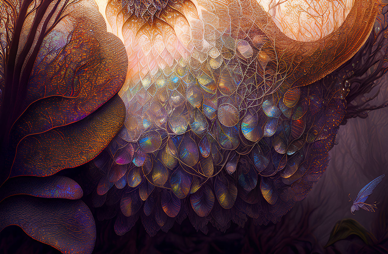 Vibrant iridescent scale-like structures with colorful flora and butterfly