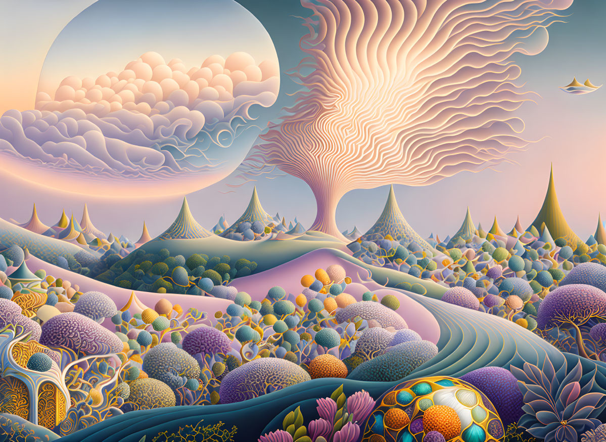 Vibrant surreal landscape with rolling hills and whimsical clouds