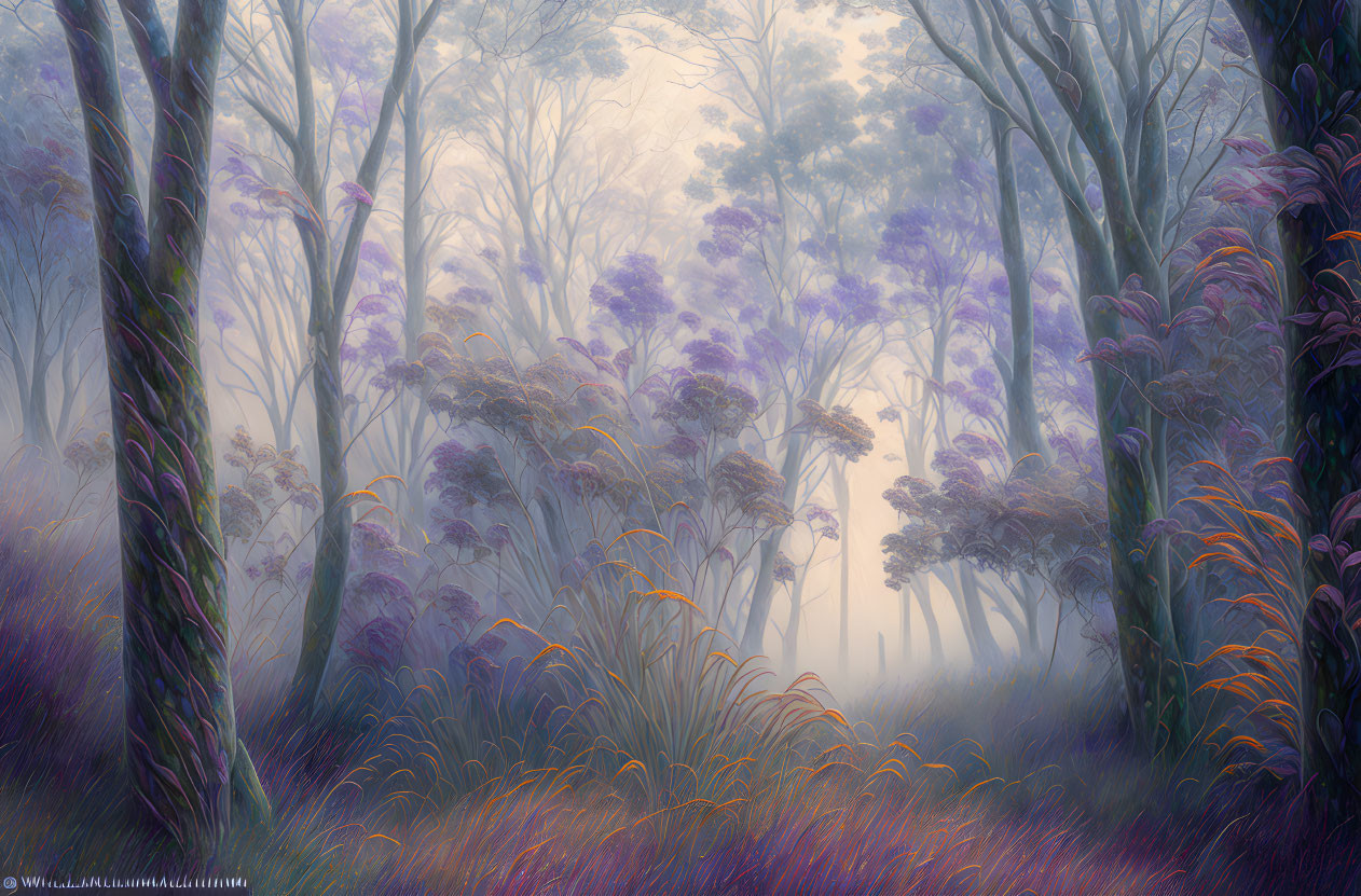 Mystical forest with tall trees, blooming flowers, and purple hues