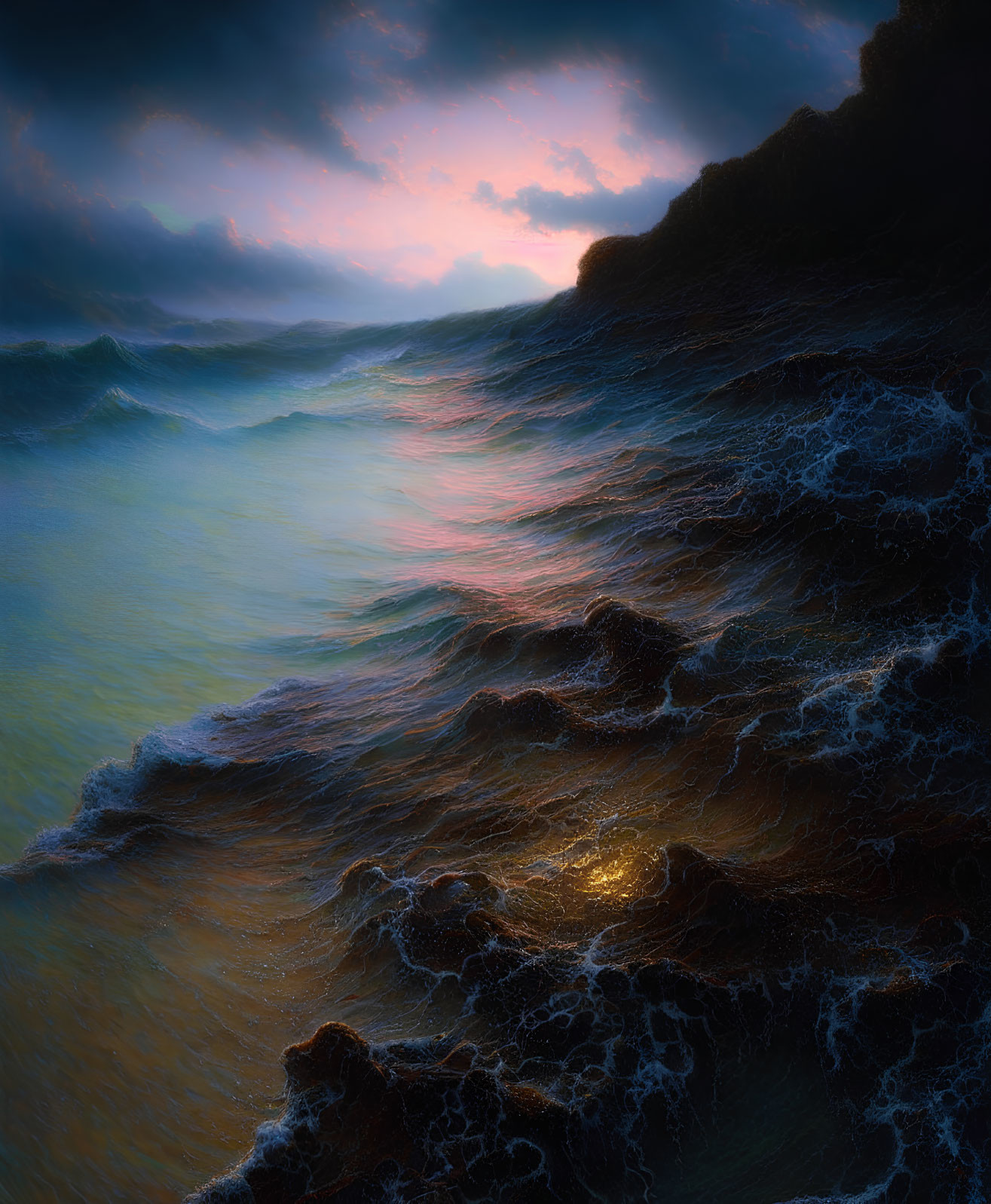 Dramatic coastal scene: turbulent waves, rocky shore, vivid sunrise, pastel-colored clouds