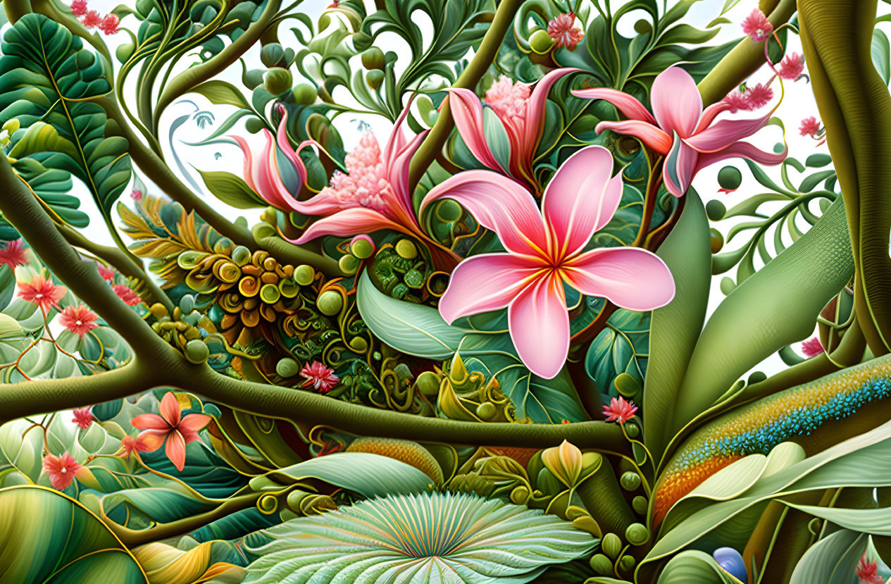 Detailed Botanical Illustration with Lush Greenery and Pink Flora