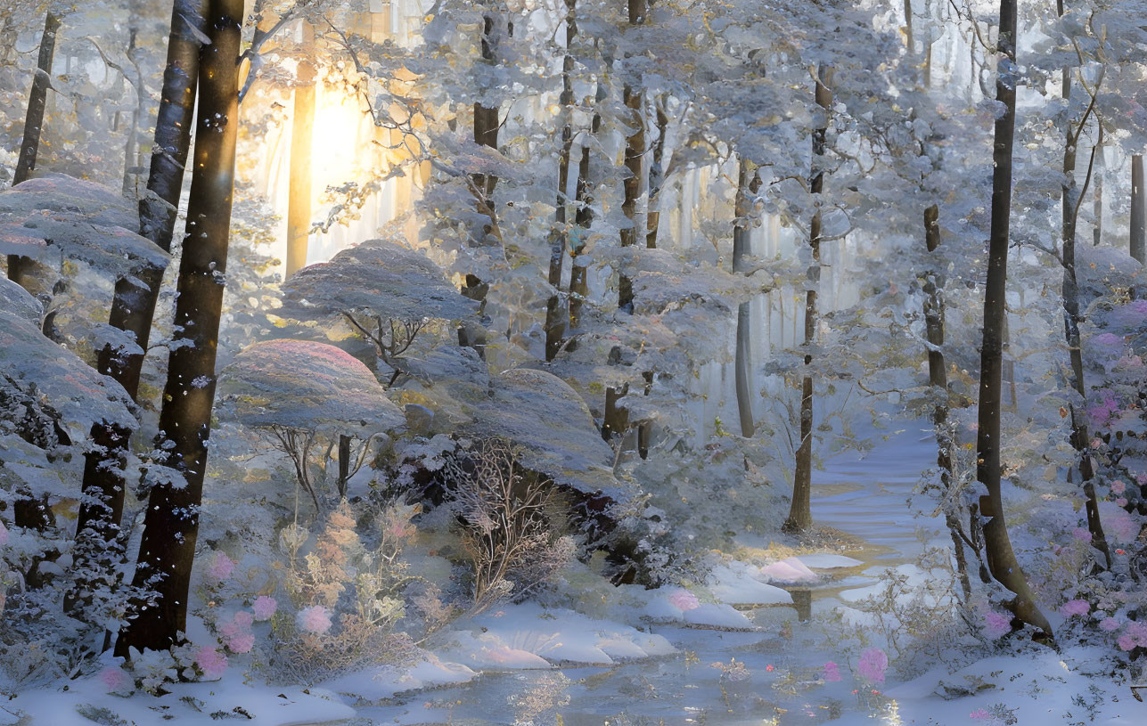 Snow-covered wintry forest scene with illuminated trees and delicate frost.